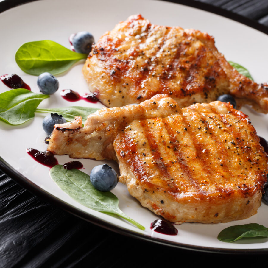 Grilled Pork Sirloin with Spicy Onion Puree, Savory Blueberry Compote